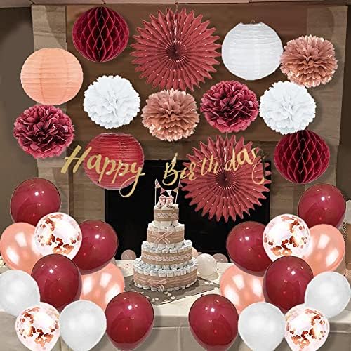 Rose Gold e Borgonha Decorações de festa de aniversário rosa e branco pom pom poms fãs de balões decoração