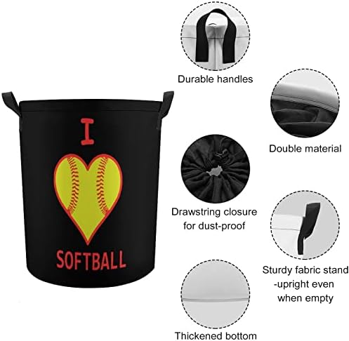 Eu amo cesto de lavanderia de coração de softball com lavanderia de tração para o fechamento de lavanderia sacos de armazenamento para viagens em casa