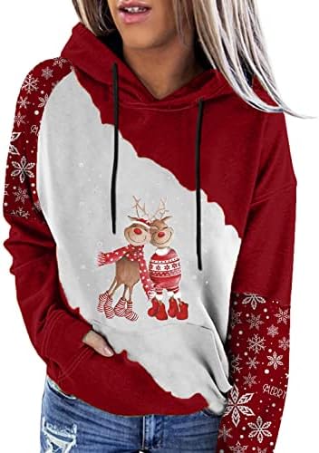 Tops de Natal de Amiley - Senhoras de Natal, painel de neve, painel de estampas de flocos de neve com capuz de capuz de manga comprida, blusas de Natal para mulheres