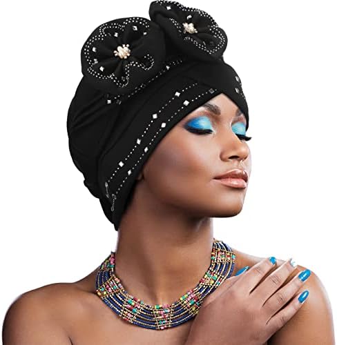 4pcs Chapéus de turbante africanos para mulheres Rhinestones Turbans Beanie Bap Flower Turbans Twisted Braid