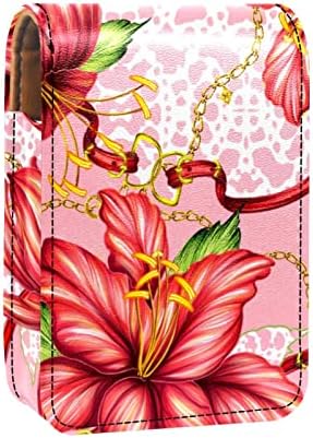 Caixa de batom de Oryuekan, bolsa de maquiagem portátil fofa bolsa cosmética, organizador de maquiagem do suporte do batom, flor vermelha vintage e corrente moderna