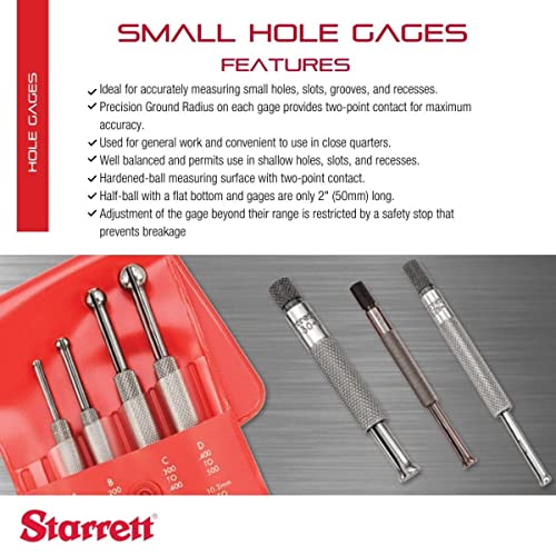 Starrett Small Hole Gage Conjunto com ajustes suaves e sensíveis - 125-.500 Range, 2 Comprimento, inclui 830a/b/c/d/e