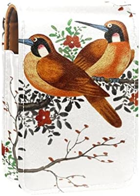 Bolsa de maquiagem de batom portátil fofa, pintura chinesa de dois pássaros bolsa cosmética de batom, organizador de maquiagem com espelho