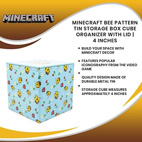 Minecraft Bee Padrão de 4 polegadas Caixa de armazenamento Cube Organizador com tampa | Recipiente de cesto, organizador do armário de cubos do Cubby, acessórios para decoração de decoração de casa | Brinquedos de videogame, presentes e colecionáveis