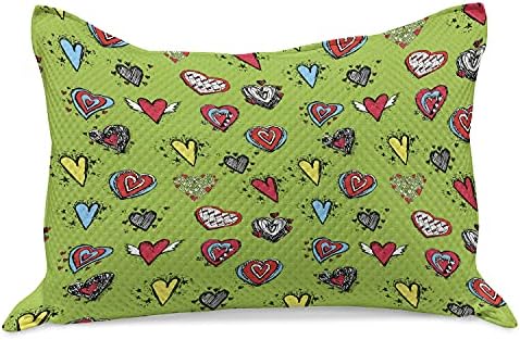 Ambesonne Love Kilt Quilt Cobertão, desenho à mão esboço com várias formas e tamanhos de amor, capa padrão de travesseiro de tamanho queen para quarto, 30 x 20, verde de abacate e vermelho