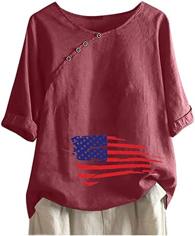 Patriotismo das mulheres de Uikmnh Bloups de pescoço de bateam de verão camisa de linho de linho de algodão de meia manga Quarto de julho de julho