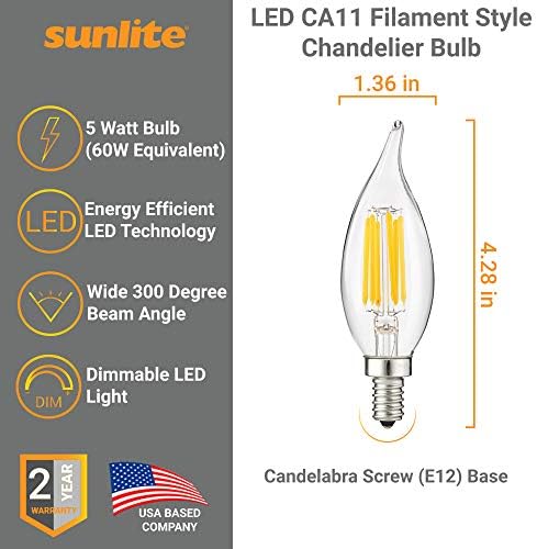 Sunlite 41356 -su LED Filamento Chandelier Lâmpada com ponta de chama, 5 watts, base de candelabros, clara, advertida, ETL listada, 6 pacote, 40k - Legal branco