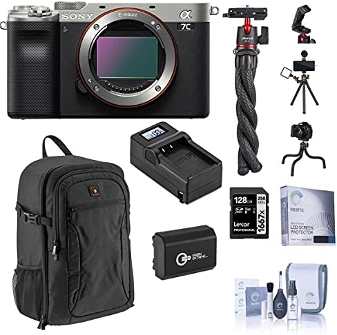 Câmera digital sem espelho da Sony Alpha 7c, prata, pacote com cartão SD de 128 GB, mochila, mini tripé, bateria extra, carregador compacto, protetor de tela, kit de limpeza