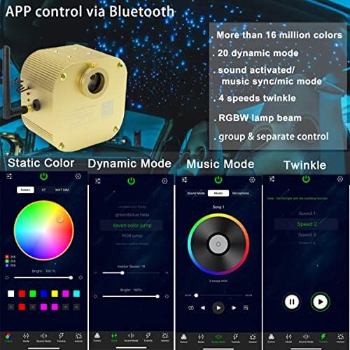 Azimom Bluetooth Control 16W Twinkle Fiberpic Lights Star Teto Kits Kits 450pcs0.03in 9,8 pés fios de fibra RGBW