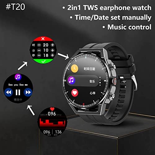 Relógio inteligente T20 com fones de ouvido de 1,3 polegada smartwatch embutido Earbuds sem fio combina TWS HiFi estéreo Wireless Headset Freqüência cardíaca Monitor rastreador de fitness rastreador