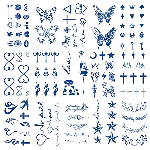 Tatuagens de flor azul de ramo azul, tatuagens temporárias, buquê floral de 15 folhas de tatuagem pequena lavanda de lavanda doce tatuagens de larkspur para mulheres