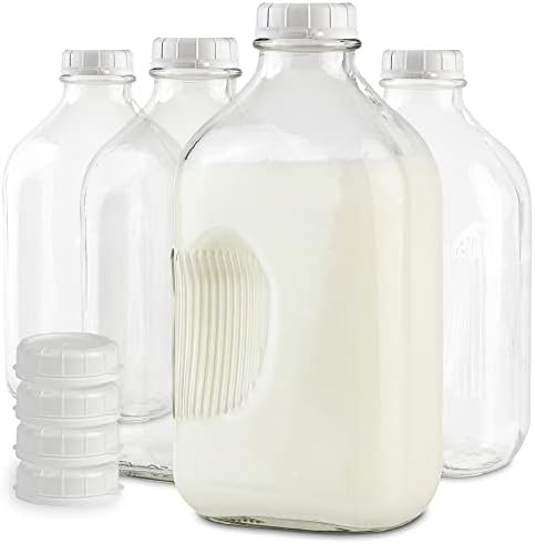 Faça um estoque da sua garrafa de leite de vidro de litro em casa com jarros de 32 oz e 8 bonés brancos, recipiente de leite de grau alimentar reutilizável para geladeira, garrafas para suco, aveia ou planta, água, mel