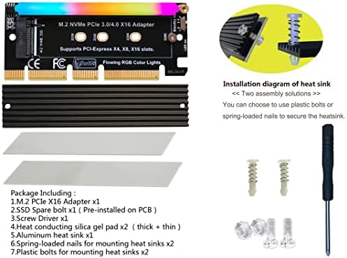 BEJAVR M.2 PCIE NVME Adaptador SSD Card SSD com barra de luz RGB e solução de invasor de calor de alumínio, suporta slots PCI-Express 3.0 4.0 e X4 x8 x16.