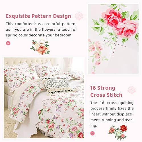 Consolador floral de algodão Sanracie tamanho King, cama de flor branca e rosa Conjunto com consolador botânico