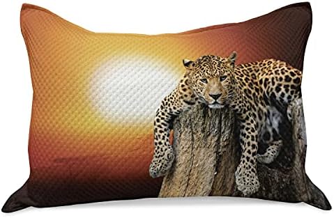 Ambesonne Savannah malha de colcha de travesseira, leopardo sentado em árvore seca ao pôr do sol
