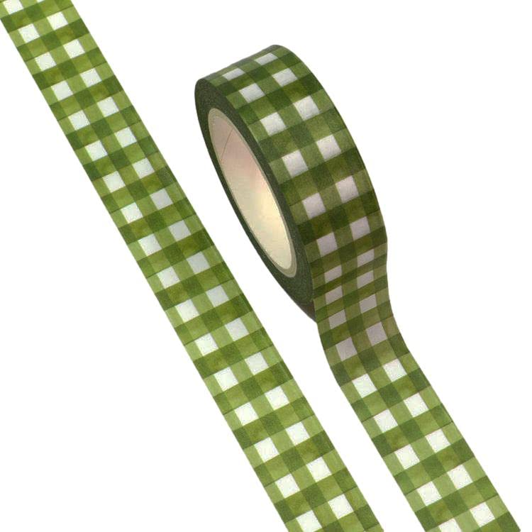 Syntego Olive Green Gingham Washi Fita decorativa de fita adesiva auto -adesiva 15mm x 10 metros