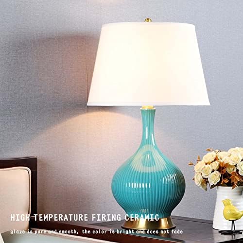 Puresilks Modernos de mesa de mesa de cerâmica artesanal, lâmpada de mesa azul minimalista com tonalidade de tecido esbranquiçada, lâmpada de mesa de cabeceira à cabeceira para sala de estar, quarto, estudo