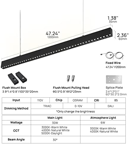 SCON 4FT 36W LED LED SUSPENDO TRIAC Triac Pingente Dimmable Linear Linkable Modern Frept Holofotes com 4000K Luz da atmosfera para o quarto Garagem