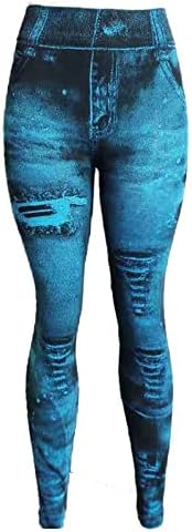 Calças casuais femininas imitação de jeans de jeans elástica de cintura alta altas calças de jeans