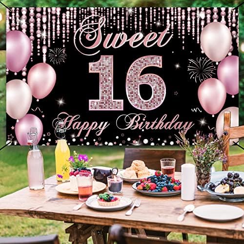 Htdzzi Sweet 16 Decorações de aniversário, Feliz Banner de 16º Aniversário Caso -pano para meninas, Pink