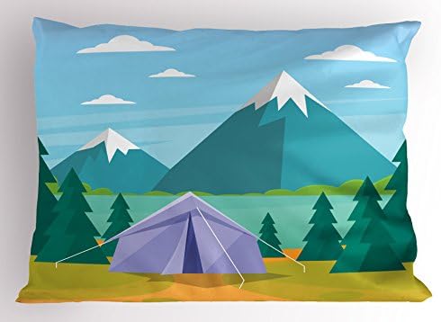 Almofado de travesseiro de acampamento lunarable, atividade recreativa de desenhos animados com montanhas Lake e árvores Projeto tema de viagem, fronha de tamanho decorativo de tamanho queen size, 30 x 20, multicolor