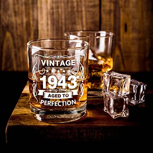 Voas antiquadas de óculos-1943 Vintage 1943 Informações antigas de 10,25 onças de uísque-80º aniversário idosos com perfeição-80 anos presentes de bourbon scotch lowball antiquado-1pcs