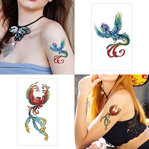 10 folhas de phoenix dragão tatuagens temporárias para crianças homens adultos, colorido de ornitologia fantástica de bombeiros de bombeiros de taco de tatuagem falsa para o corpo do braço do pescoço Corpo de peito