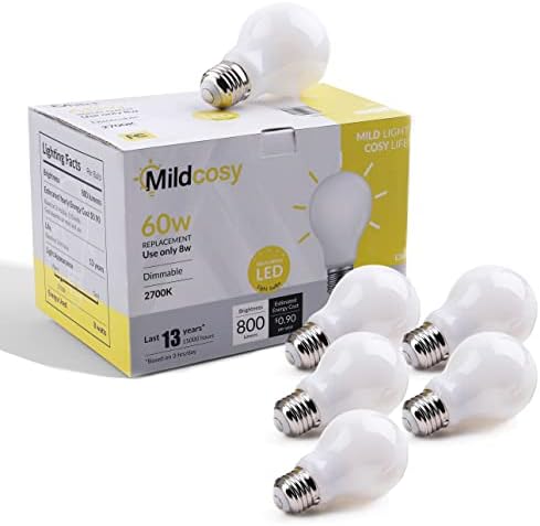 Lâmpadas LED de LED de MildCosy A19 diminuem, equivalente a 60w, branco quente 2700k 8 watts 800 lúmens CRI 90+ Bulbo de filamento retrô Branqueamento de vidro revestido, Lifetime 13 anos certificado pela FCC, base E26, 6 pacotes