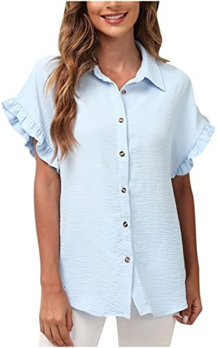 Blusa de verão feminina Botão de cor sólida camisa de manga curta Camisas de trabalho de colarinho de trabalho