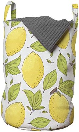 Bolsa de lavanderia de limão de Ambesonne, frutas de limonada e folhas raras frescas ao longo de citros em um cenário de tom suave, cesto de cesto com alças fechamento de cordão para lavanderias, 13 x 19, verde e mostarda