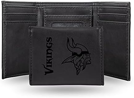 NFL Minnesota Vikings Men Carteira preta- Premium Premium Laser gravado o logotipo da equipe da NFL no design de couro vegan/falso- minimalista inclui janela de identificação e cartão de crédito- Presente de homens ideais