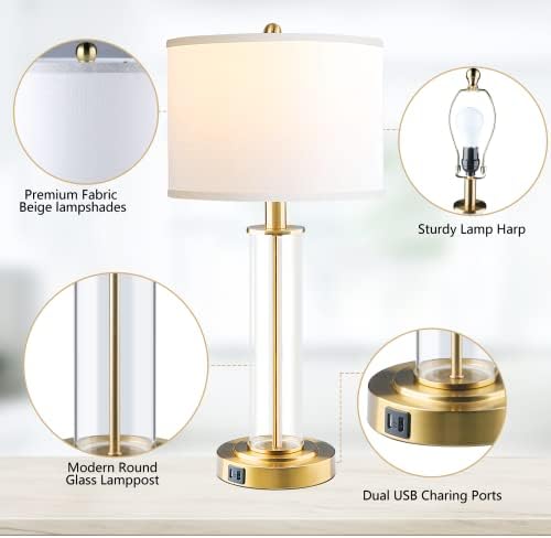 Lâmpadas de mesa para sala de estar, lâmpadas de ouro de controle de toque para quartos conjuntos de 2, lâmpada moderna de mesa de cabeceira com portas USB duplas, lâmpada de mesa de cabeceira alta com brancos