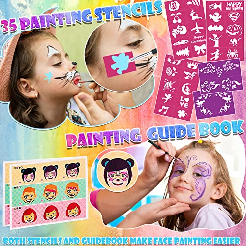 Teuvo 19 Cores Kits de pintura de rosto para crianças, kit de pintura facial à base de água e seca com 35