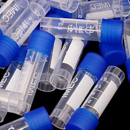 Frascos de plástico pequenos hhniuli, 200 frascos de plástico de 2 ml tubos de armazenamento de tampa de parafuso com tubos de teste de plástico com tampas de parafuso azul