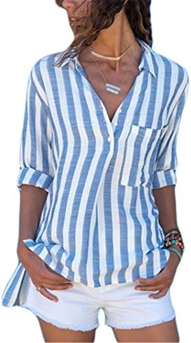 ANDONGNYWELKWELL Feminino Buttão Cardigan Shirts Blusa de listras de manga comprida casual para o verão de Business