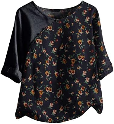 Tops de linho de algodão para mulheres blusas de manga curta Vintage Floral Print Crewneck T camisetas de camisa gráfica solta do verão