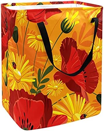Poppy Flowers Ladybird Laundry Hampers, cesta de roupa dobrável à prova d'água com alças para berçário da faculdade de berçário quarto de crianças quarto de crianças