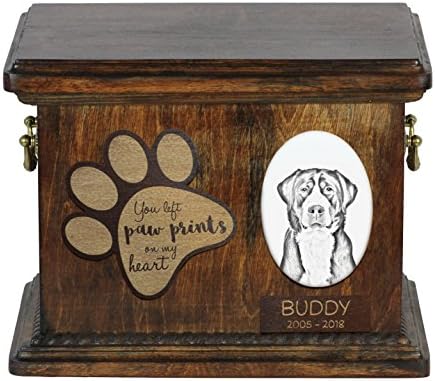 Greater Swiss Mountain Dog, urna para as cinzas de cachorro com placa de cerâmica e descrição