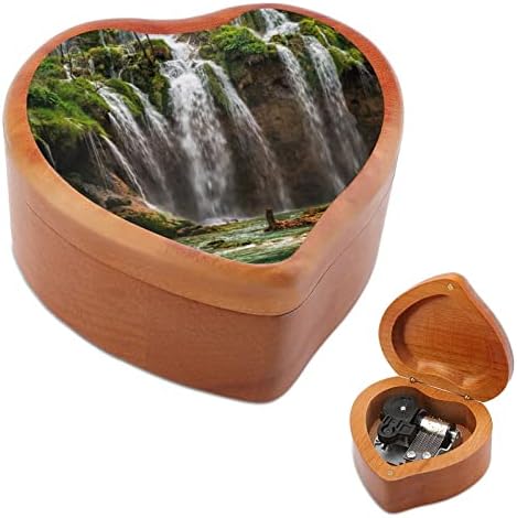 Linda cachoeira de madeira Caixa musical de madeira de corda em forma de coração estampado de caixas musicais para aniversário de aniversário de dia dos namorados