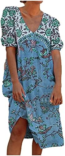 Vestidos de camiseta casual de verão feminino de verão V vestido de manga curta de manga curta vestido de estampa floral solta flowy midi vestido