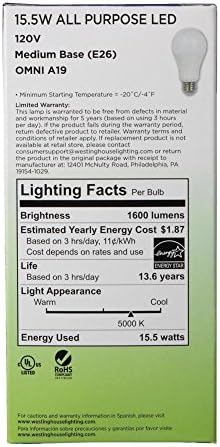 Iluminação de Westinghouse 5079000 Omni A19 da luz do dia da Watt Hatt com base média, branca macia