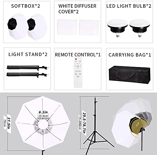 Kit de iluminação softbox octogonal, 360 graus Luz de iluminação de iluminação fotográfica com 85W E27 3000-6500K