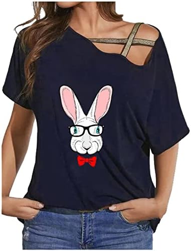 Camisa de Páscoa para mulheres Rabbit PRIMENTO ombro frio Tee casual Camise de manga curta solta