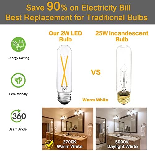 Lâmpadas LED T10 diminuídas, 2700k Warm White, lâmpada tubular de 2W, lâmpada LED de Edison, 25