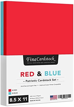 Papel de estoque de cartões coloridos patrióticos, American Red & Blue 8,5 x 11 Cardstock colorido para 4 de julho, Saudações e convites do Dia do Trabalho, Artes e Artesanato | Tampa de 65 lb | 25 Vermelho, 25 azul