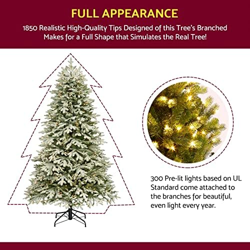 Joydecor 6,5 pés de neve artificial em árvore de Natal pré-iluminada com luzes, decoração de férias de natal, forma