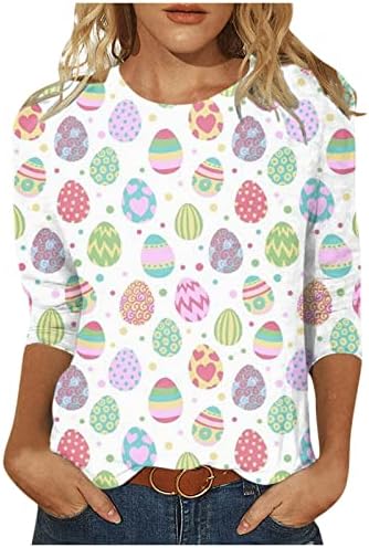 Camisas felizes da Páscoa para feminino Camiseta gráfica de ovo de desenho animado saindo solto em fit cristão 3/4 blusa de manga Tops