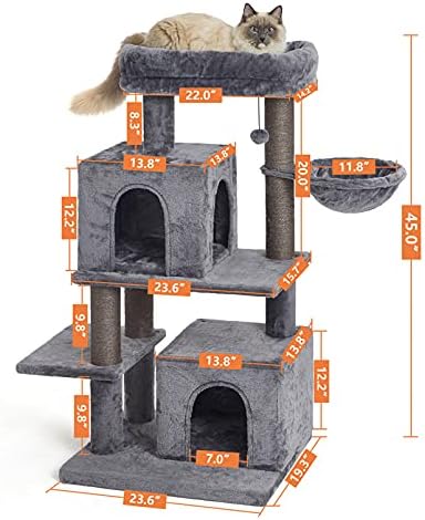 Torre de gato de vários níveis de 45 polegadas, árvore de gatos, suporte de árvore de gatos, com hammock e postes de arranhões cobertos de sisal, 2 condomínios de luxo, para gatinho, animal de estimação, atividade interna relaxando
