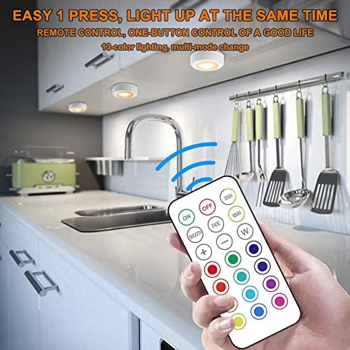 Luzes de disco LED com controle remoto sem fio, 13 cores RGB Dimmable sob luzes do gabinete, luzes de cores alimentadas por bateria, atmosfera de festa luz para o quartel de cozinha quarto interno, 6 pacote