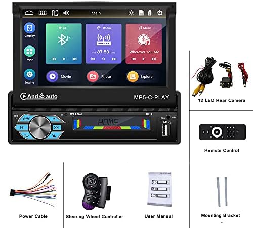 Carthree Single Din Apple CarPlay CarPlay Estéreo com câmera Bluetooth e backup, 7 polegadas Vire para a tela Touch Screen Radio MP5 Suporte Android Auto, Link de espelho de subwoofer, USB, TF, FM, AUX-In, SWC